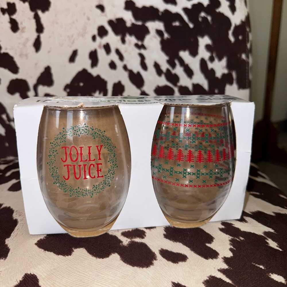 Green Canteen (15oz) Brand New Christmas Jolly Juice 2 Stemless Wine Glasses